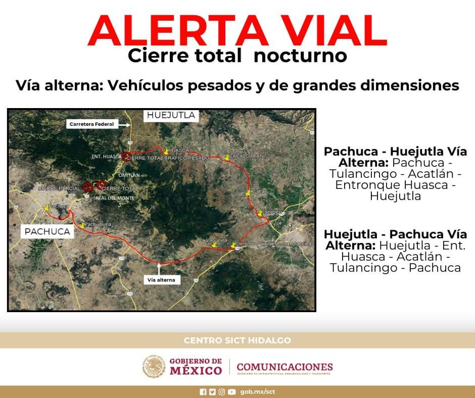 Anuncian cierres totales en la Pachuca - Huejutla por obras de la carretera Real del Monte - Huasca