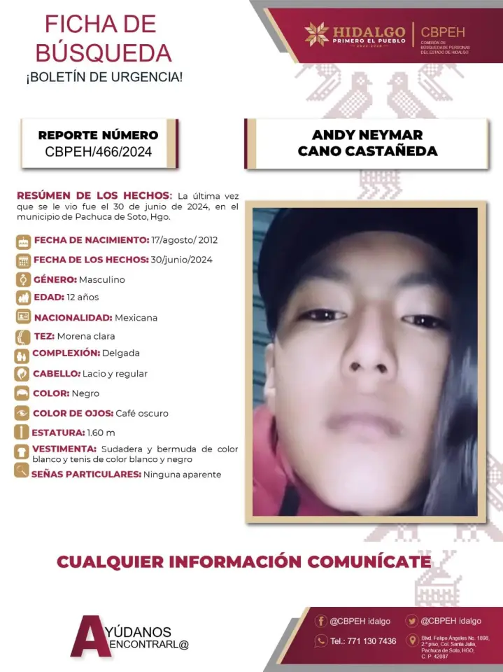 Piden ayuda para localizar a Andy Neymar, menor desaparecido en Pachuca