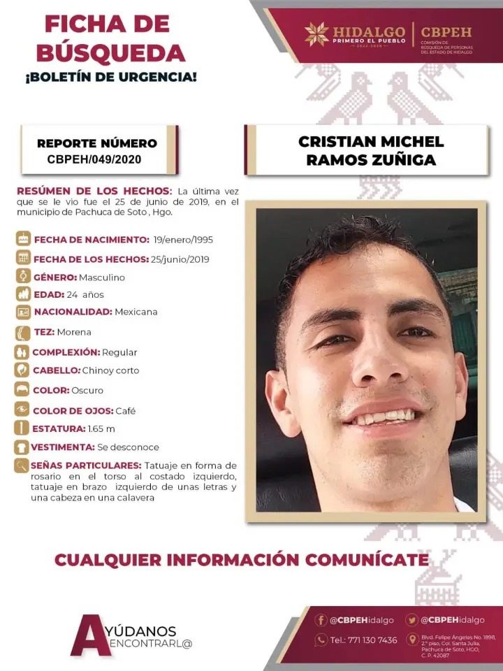 Piden ayuda para localizar a Cristian Michel; visto por última vez en Pachuca