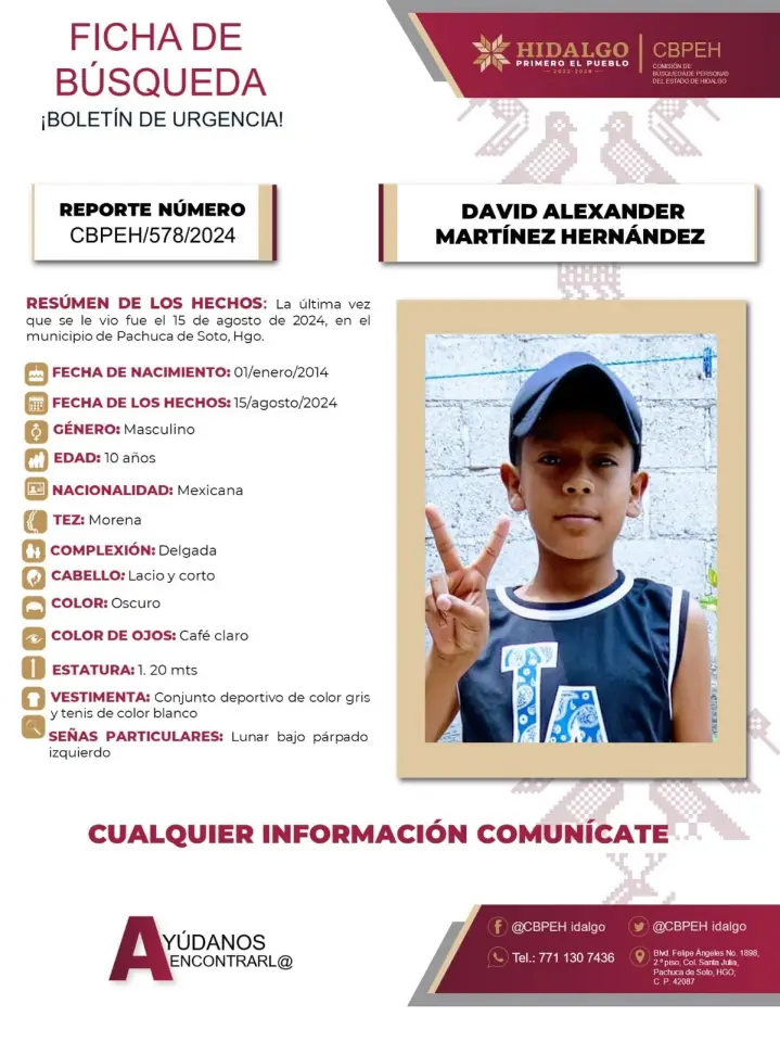 Tiene 10 años de edad y desapareció en Pachuca; piden ayuda para encontrarlo