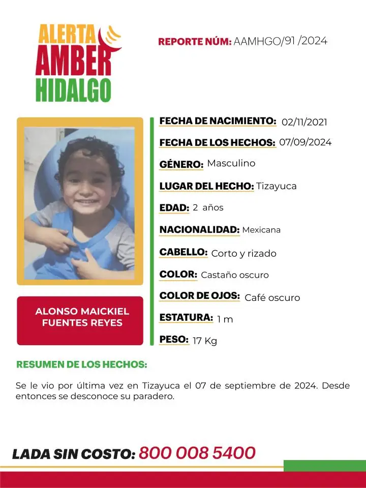 Activan Alerta Amber por pequeño de 2 años desaparecido en Hidalgo