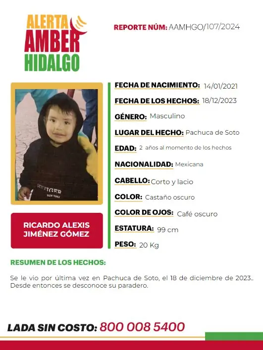 Alerta Amber: el pequeño Ricardo Alexis desapareció en Pachuca; ayudemos a encontrarlo