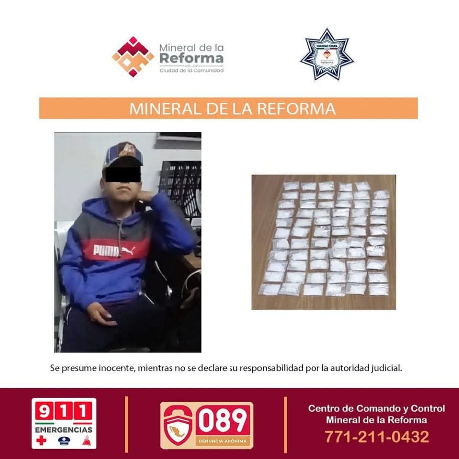 Con apenas 14 años de edad, es atrapado con 65 dósis de sustancias ilícitas en Mineral de la Reforma