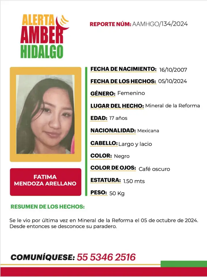 Activan Alerta Amber en favor de Fátima Mendoza, adolescente desaparecida en Mineral de la Reforma