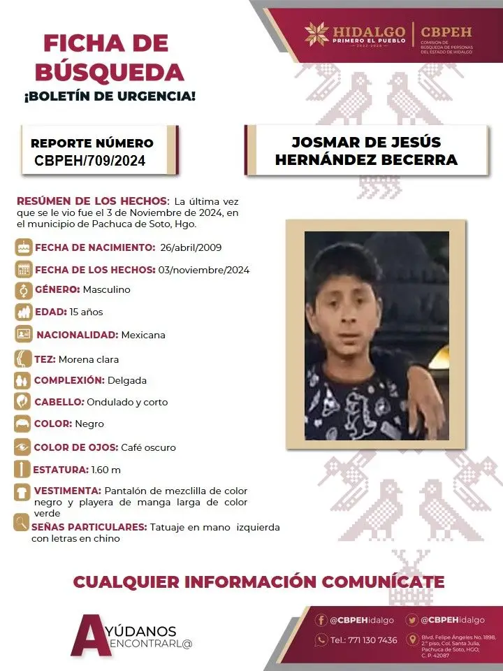 Josmar de Jesús desapareció en Pachuca; piden ayuda para localizarlo