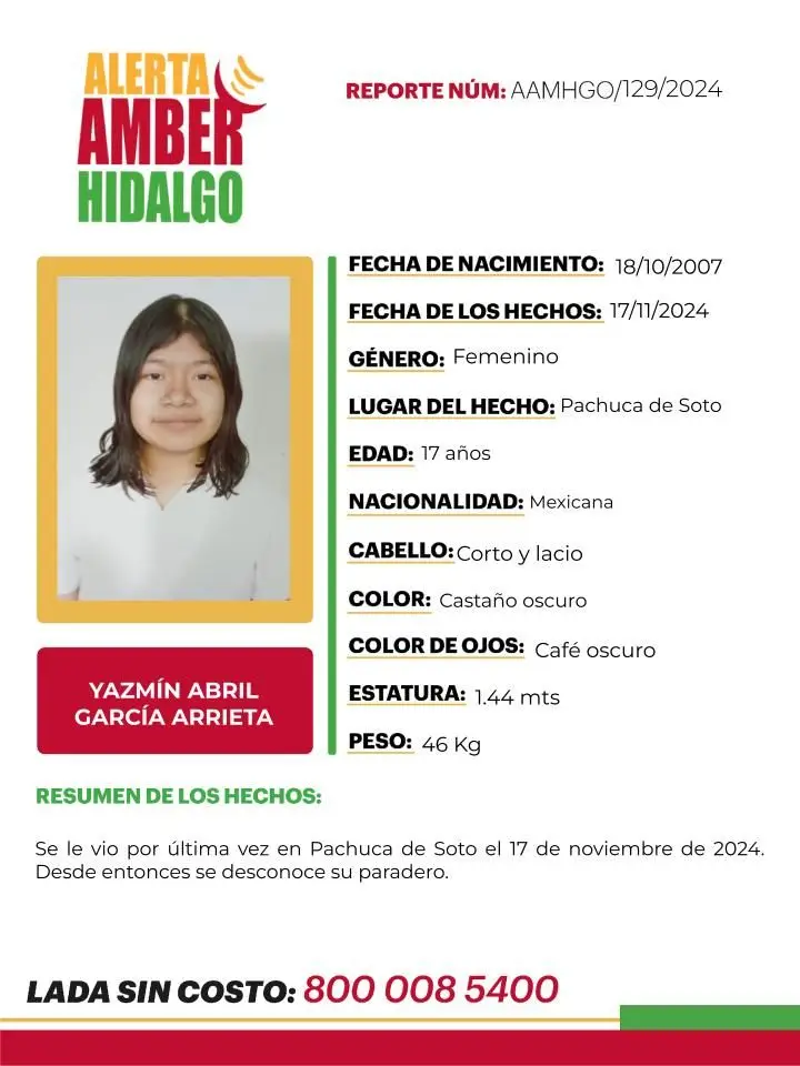 Alerta Amber Hidalgo: solicitan apoyo para encontrar a Yazmín Abril, desaparecida en Pachuca
