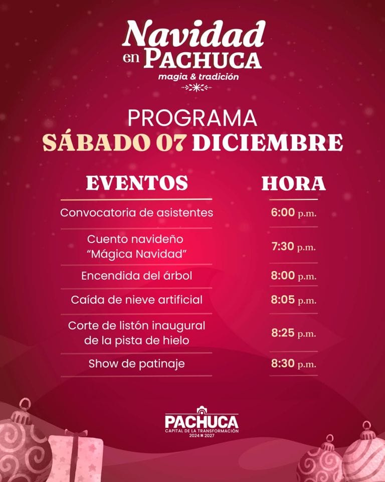 Encendido de árbol, caída de nieve y show de patinaje: este es el programa de 'Navidad en Pachuca', en el Reloj