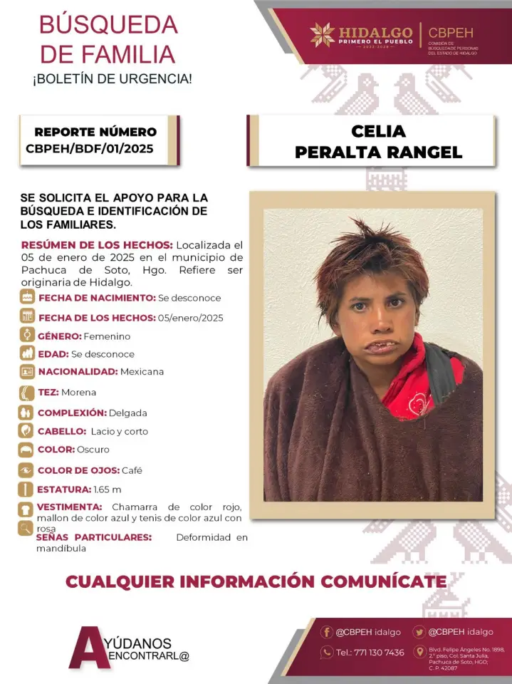 Se busca a los familiares de Celia, mujer localizada en Pachuca