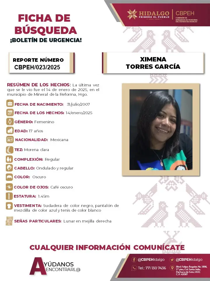 Reportan en Mineral de la Reforma desaparición de Ximena, de 17 años de edad