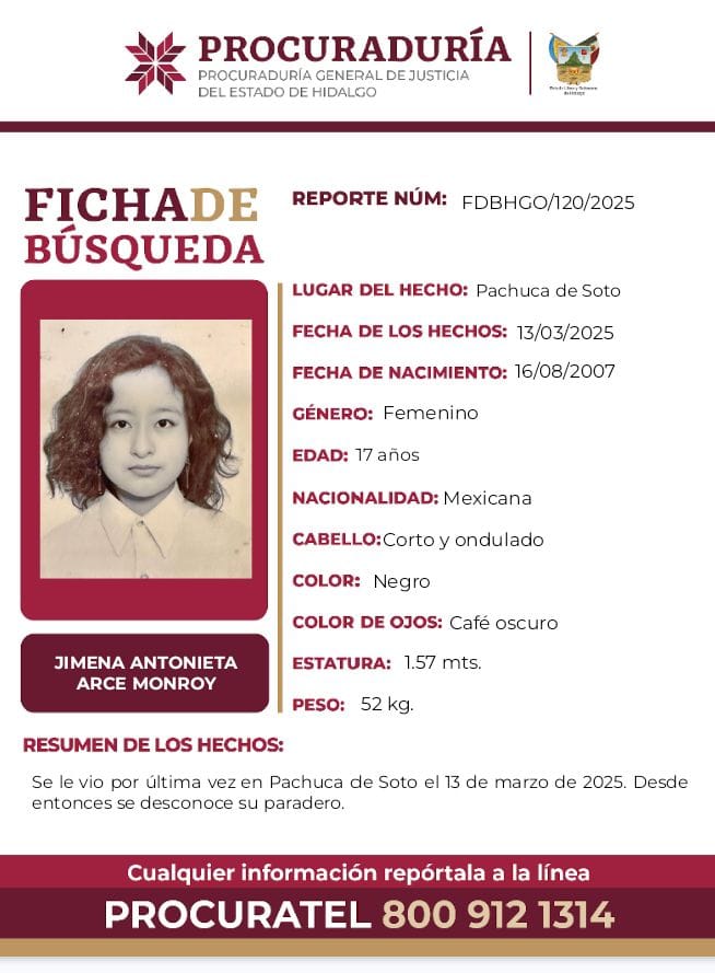 Jimena Antonieta fue vista por última vez en Pachuca; piden ayuda para encontrarla 4 Jimena Antonieta fue vista por última vez en Pachuca; piden ayuda para encontrarla