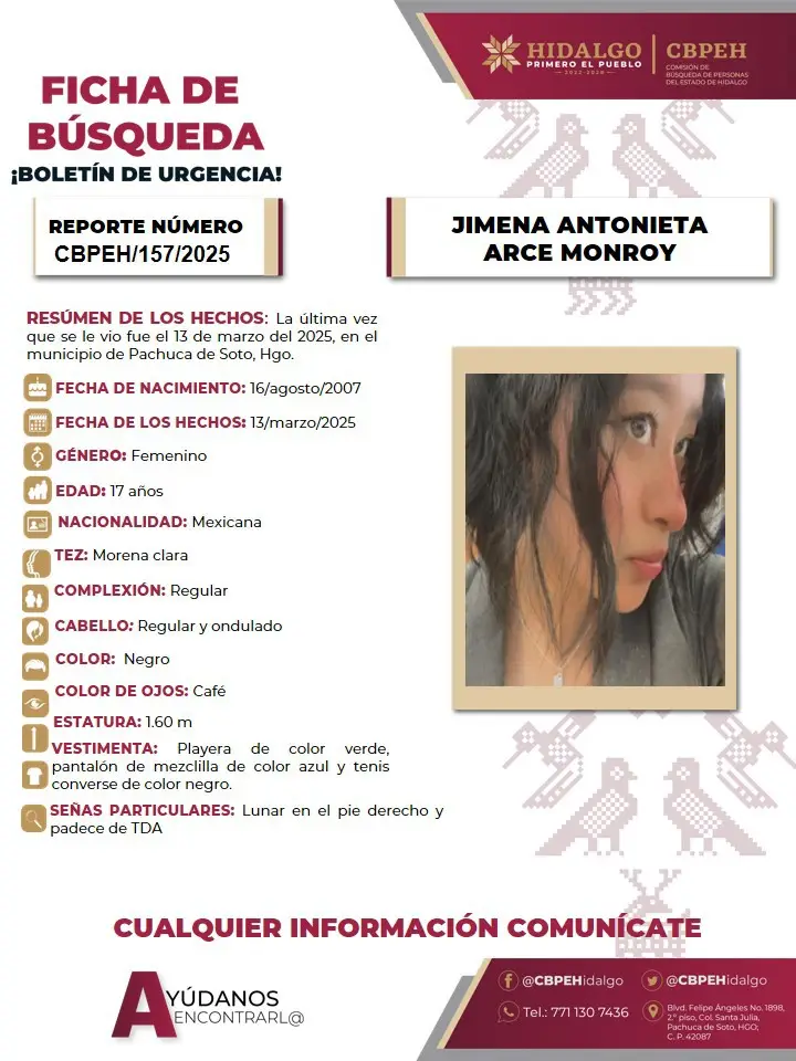 Jimena Antonieta fue vista por última vez en Pachuca; piden ayuda para encontrarla 5 Jimena Antonieta fue vista por última vez en Pachuca; piden ayuda para encontrarla