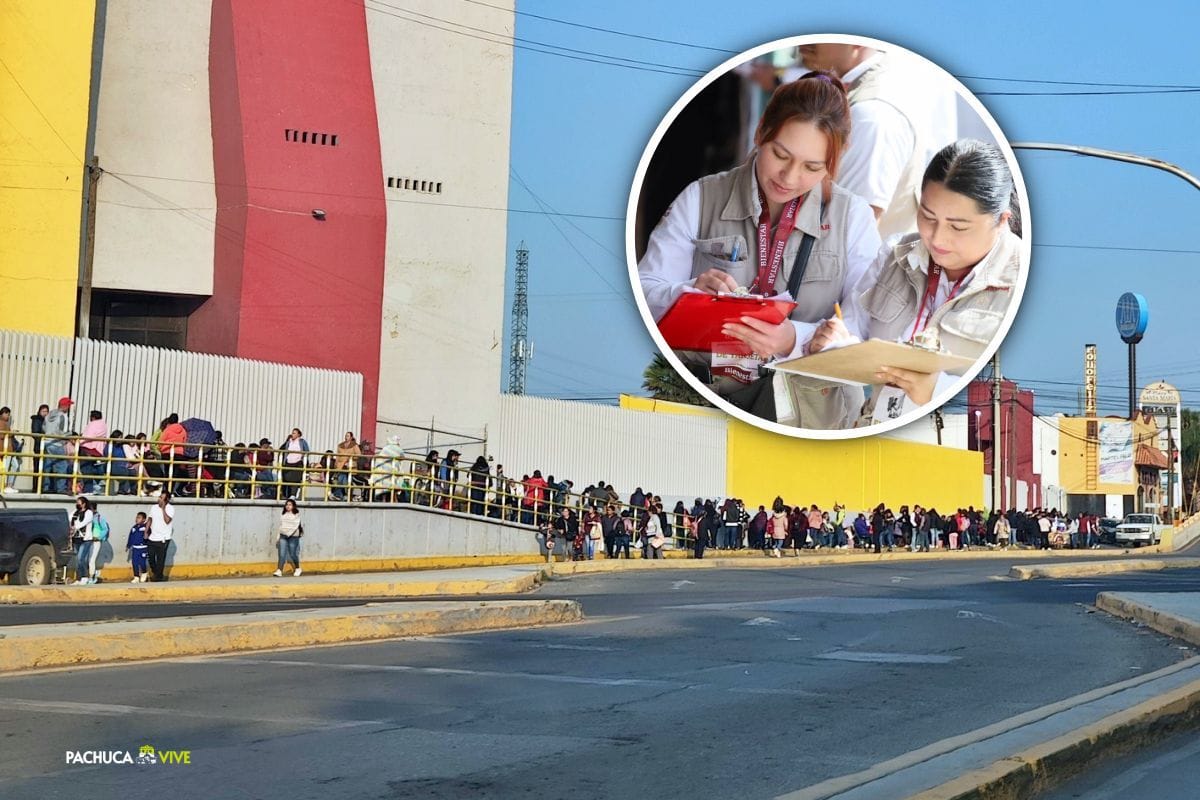 Largas filas en las instalaciones de la feria de Pachuca para registro de apoyos de programas sociales