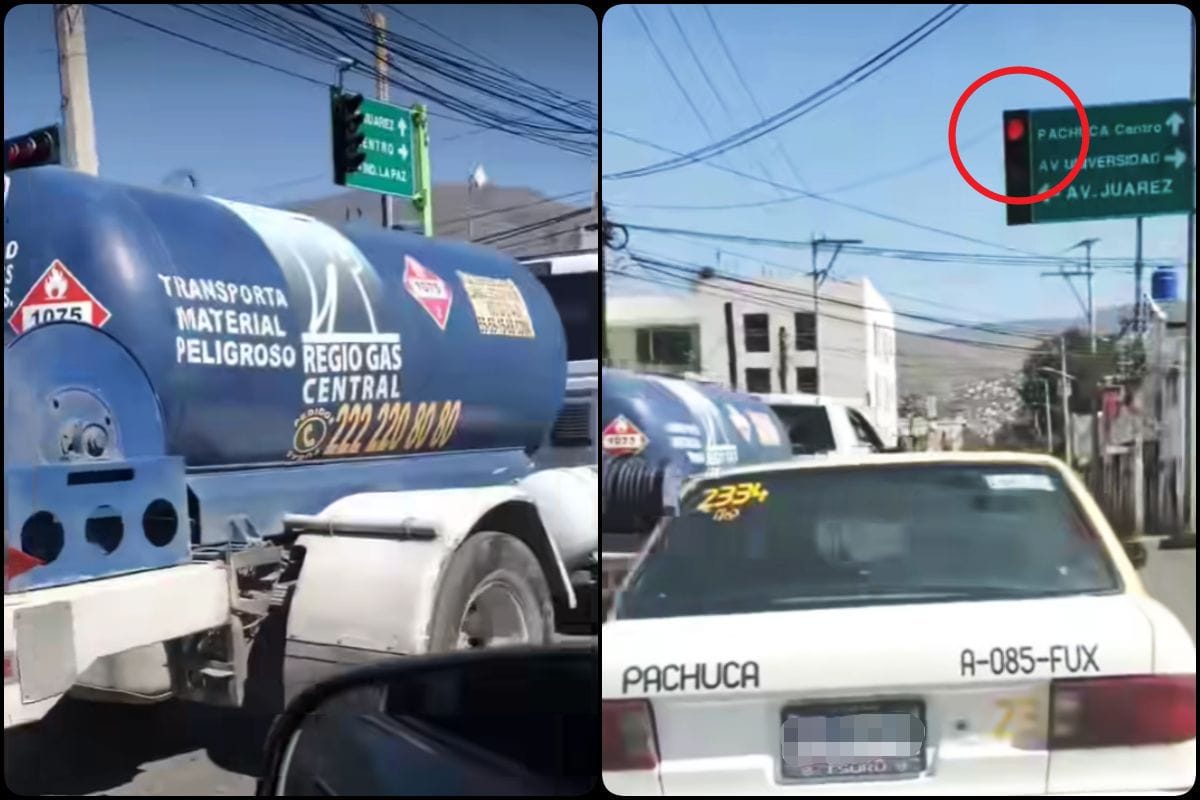 ¡Con peligrosa carga! Captan a pipa de gas pasándose el alto en transitado cruce de Pachuca
