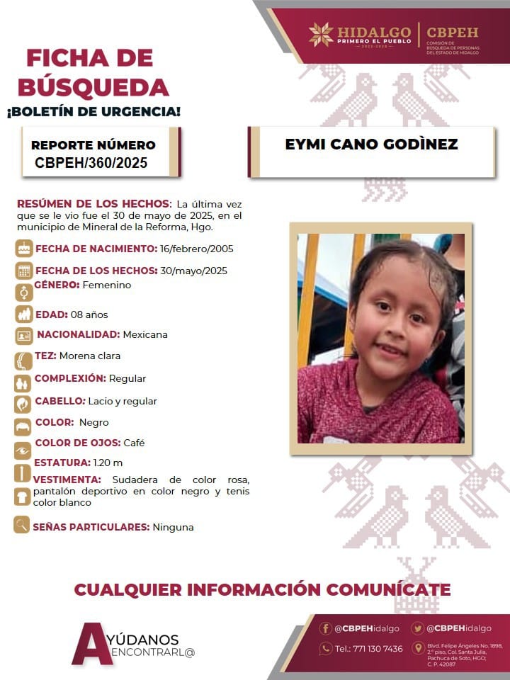Pequeña de 8 años de edad desapareció en Mineral de la Reforma; piden ayuda para localizarla 5 Pequeña de 8 años de edad desapareció en Mineral de la Reforma; piden ayuda para localizarla