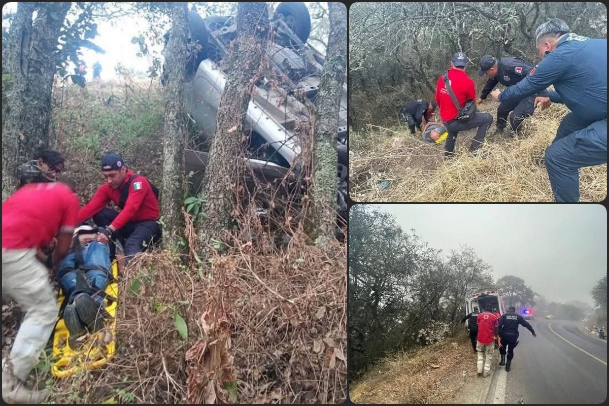 Se desbarranca automovil en Real del Monte; cuerpos de emergencias rescatan a un hombre