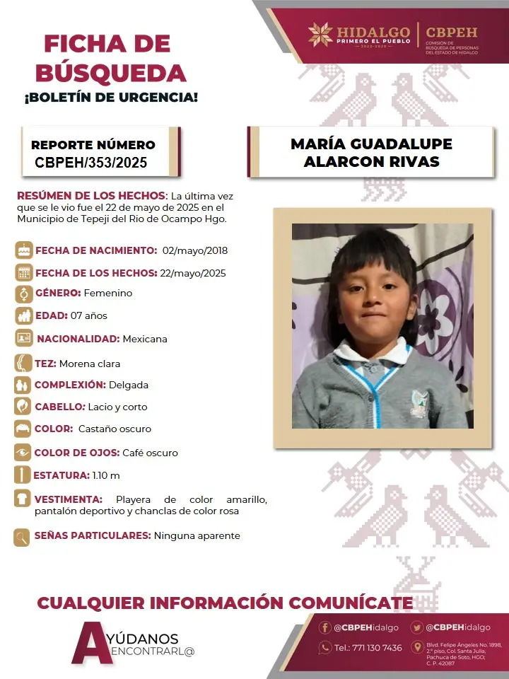 Piden apoyo para localizar a pequeña de 7 años de edad, desaparecida en Tepeji del Río 5 Piden apoyo para localizar a pequeña de 7 años de edad, desaparecida en Tepeji del Río