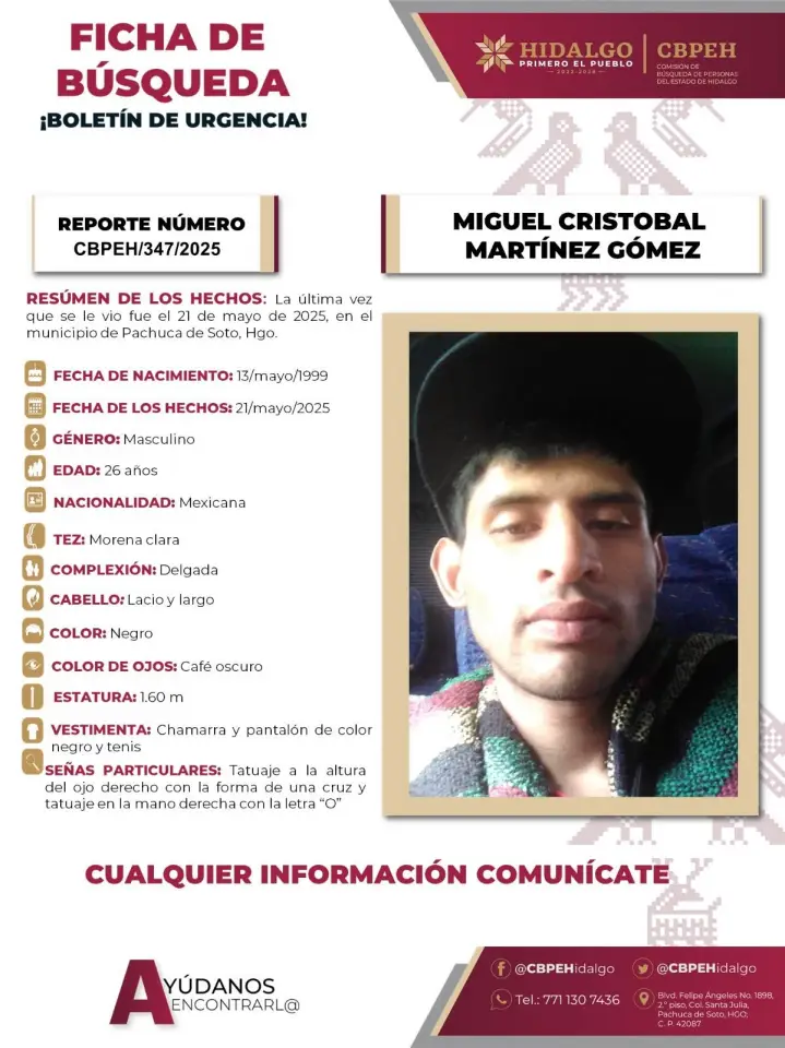 Miguel Cristobal desapareció en Pachuca; piden ayuda para encontrarlo 5 Miguel Cristobal desapareció en Pachuca; piden ayuda para encontrarlo