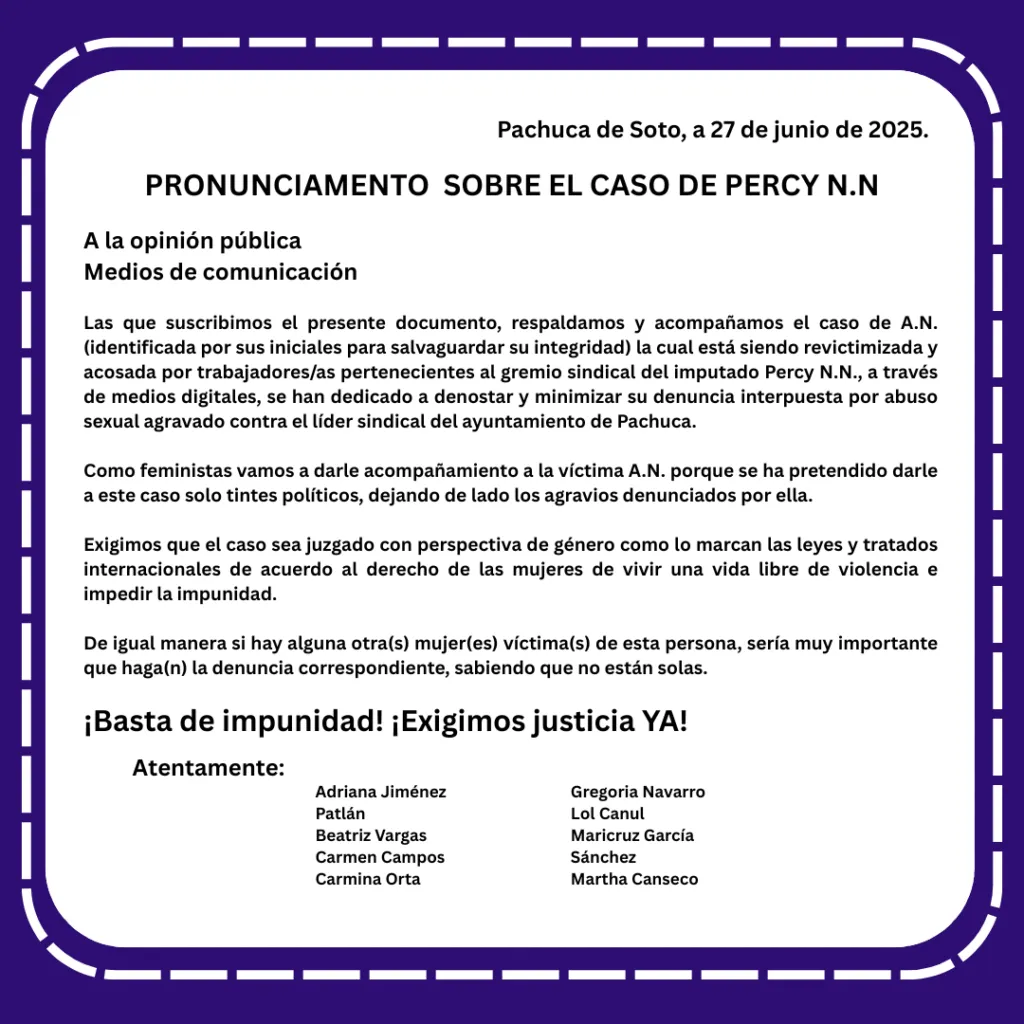 Caso Percy: feministas denuncian que sindicalizados revictimizan a la afectada a través de medios 4 Caso Percy: feministas denuncian que sindicalizados revictimizan a la afectada a través de medios