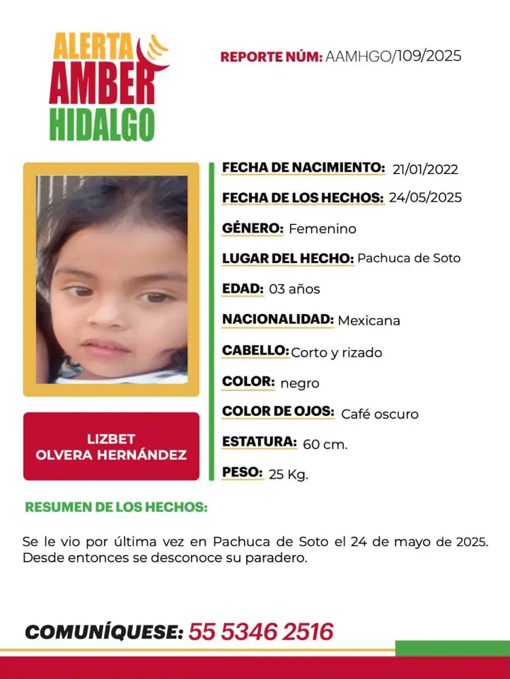 Ayudemos a localizarla: activan Alerta Amber por pequeña de 3 años desaparecida en Pachuca 4 Ayudemos a localizarla: activan Alerta Amber por pequeña de 3 años desaparecida en Pachuca