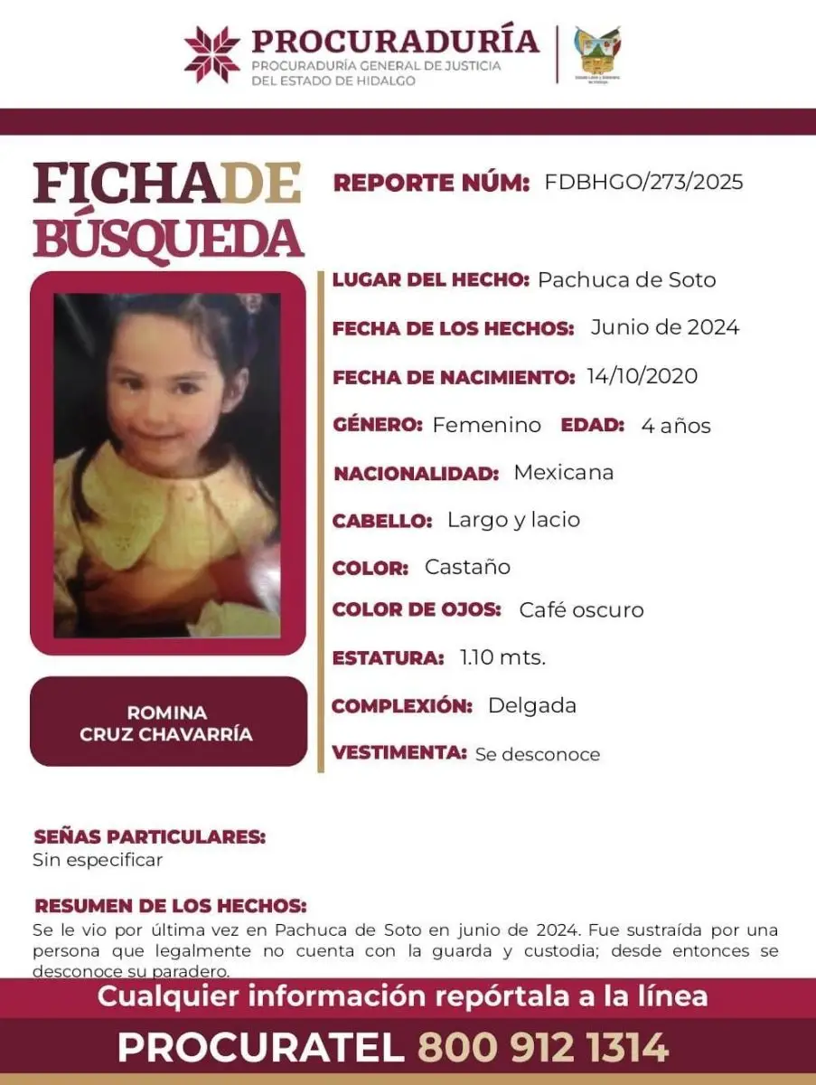Autoridades publican ficha de búsqueda de pequeña sustraída en Pachuca 4 Autoridades publican ficha de búsqueda de pequeña sustraída en Pachuca