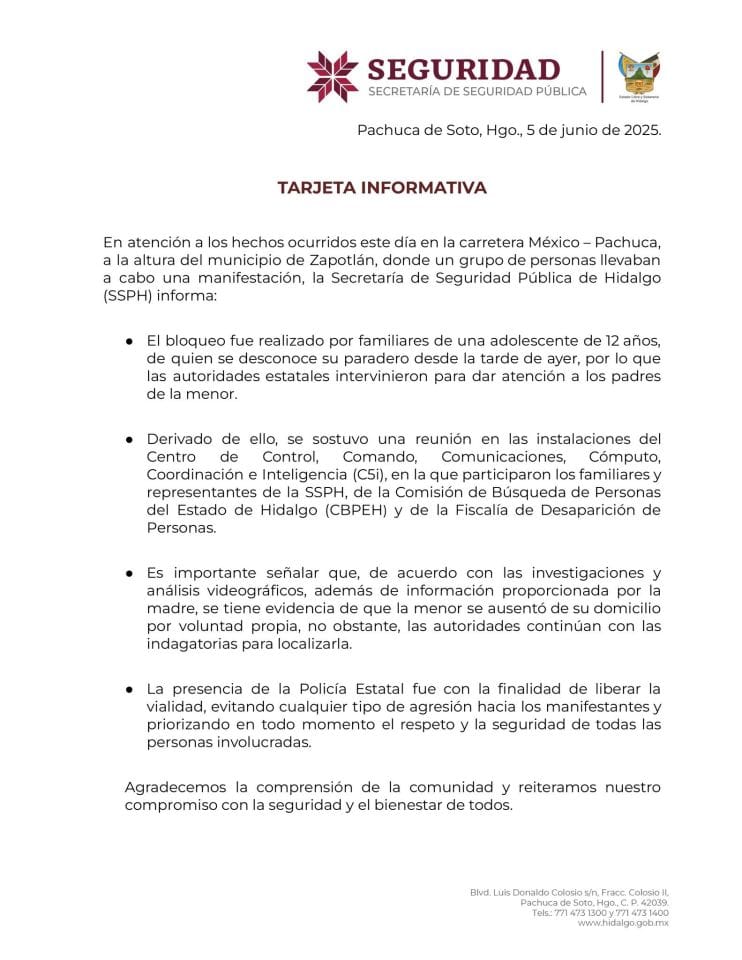 Bloqueo, repliegue policiaco y comunicados contrapuestos tras la desaparición de una menor en Pachuca 5 Bloqueo, repliegue policiaco y comunicados contrapuestos tras la desaparición de una menor en Pachuca