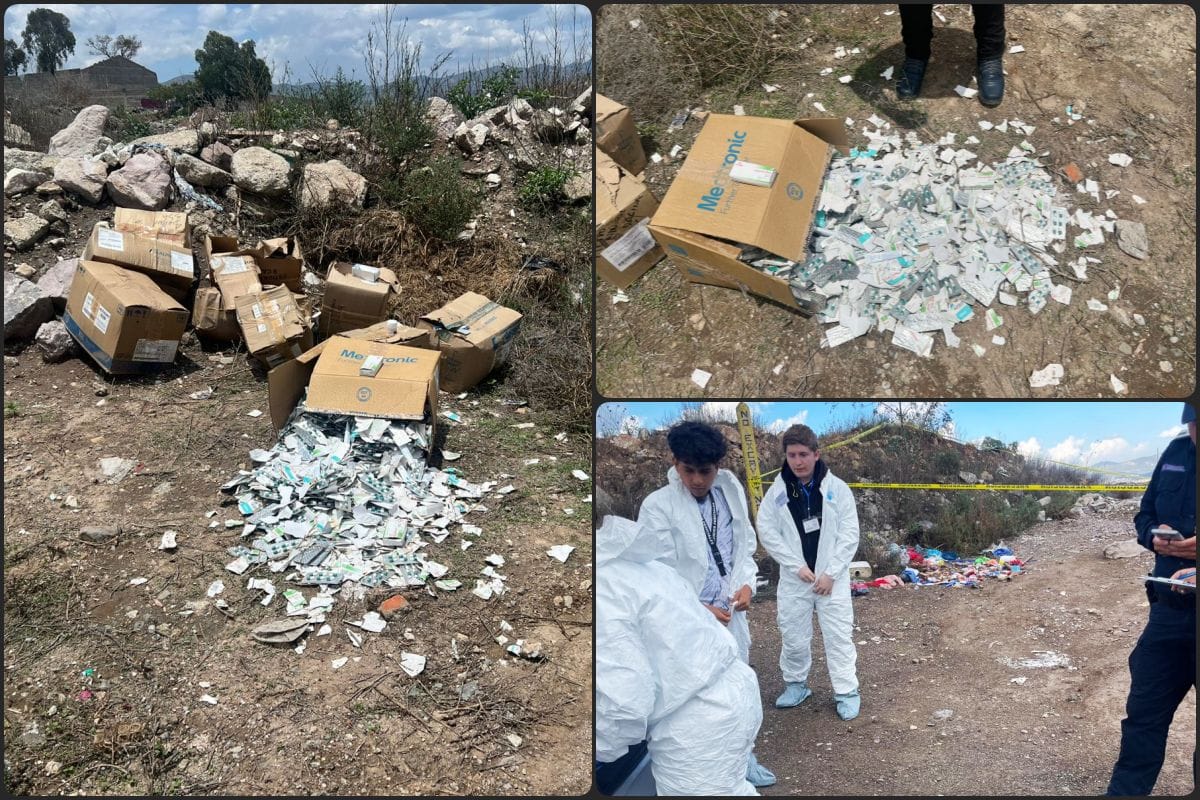 Preocupante: hallan 10 cajas con medicamentos abandonados en terreno baldío de Pachuca