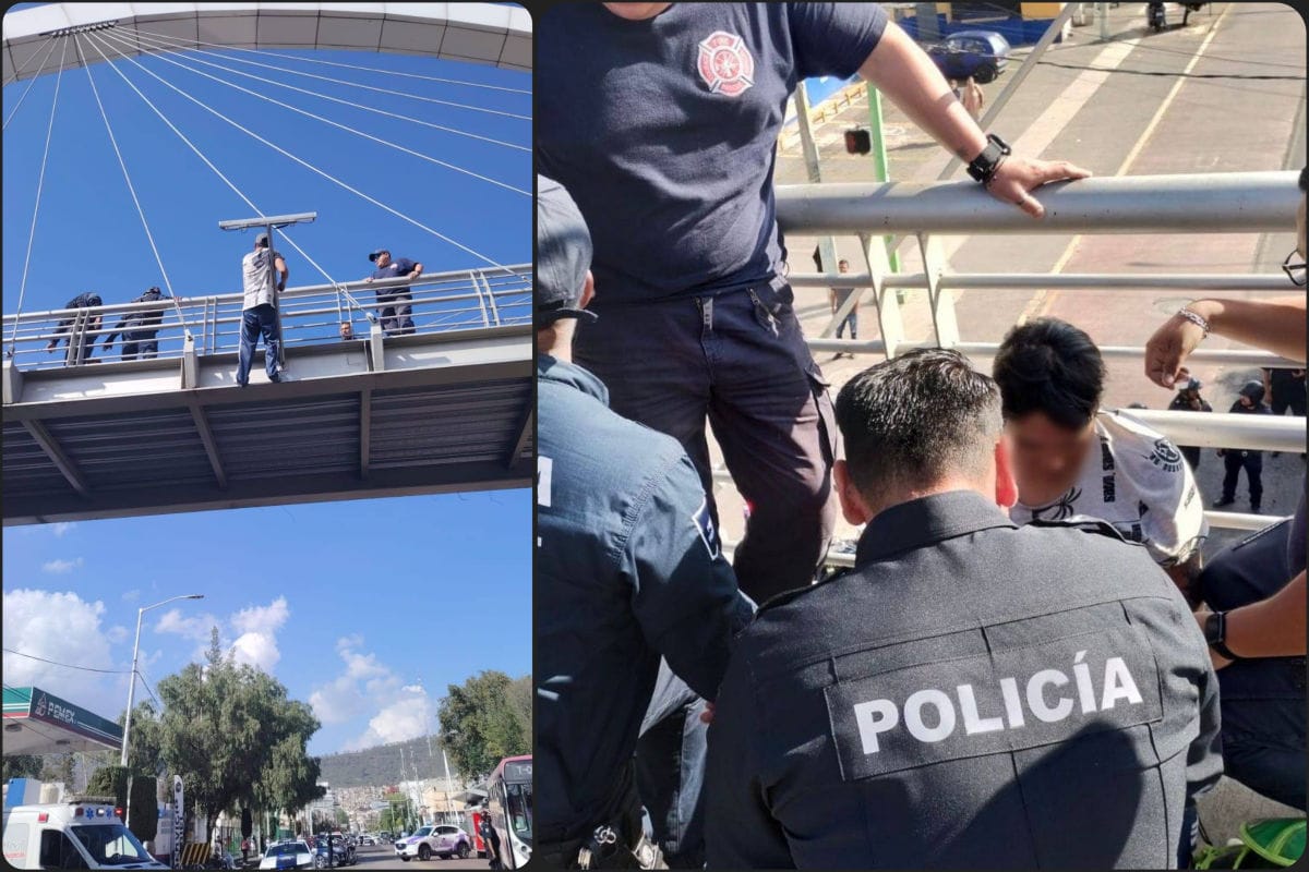 Hombre amaga con lanzarse de un puente en avenida Juárez de Pachuca; policías lo rescatan