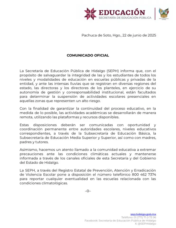 Aprueba la SEPH suspensión de clases por las condiciones climáticas 4 Aprueba la SEPH suspensión de clases por las condiciones climáticas