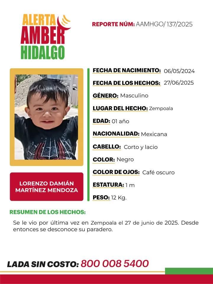 Alerta Amber: buscan a un pequeño de 1 año de edad, visto por última vez en Zempoala