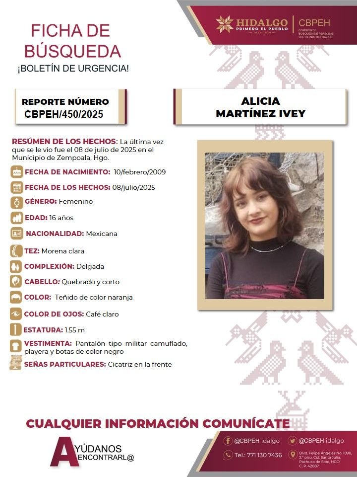 Piden ayuda para localizar a Alicia, adolescente desaparecida en Zempoala 4 Piden ayuda para localizar a Alicia, adolescente desaparecida en Zempoala