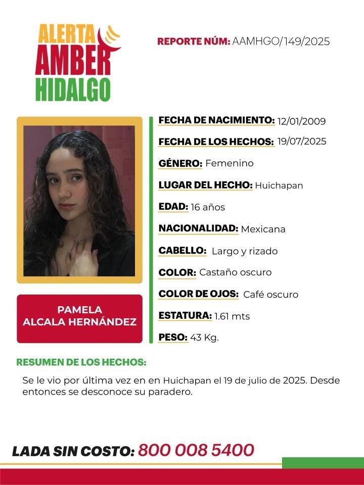 Activan Alerta Amber en favor de Pamela, adolescente desaparecida en Hidalgo 4 Activan Alerta Amber en favor de Pamela, adolescente desaparecida en Hidalgo