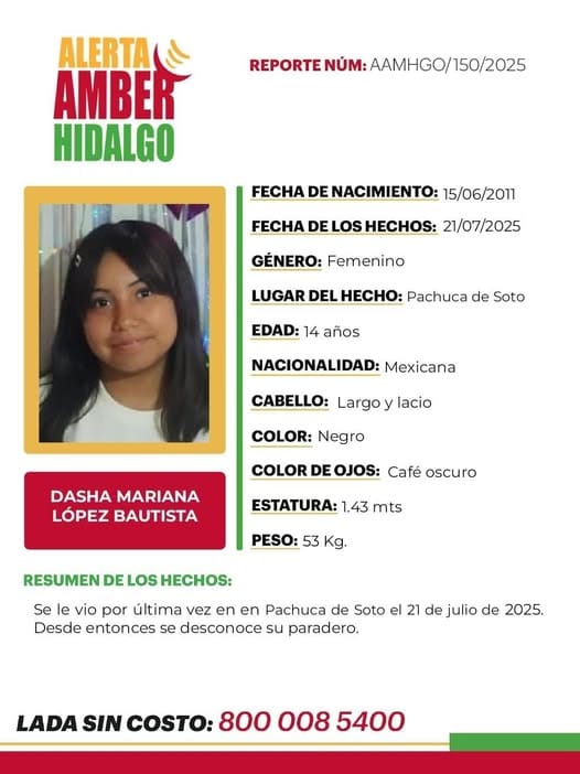 Emiten Alerta Amber para encontrar a Dasha Mariana, menor desaparecida en Pachuca