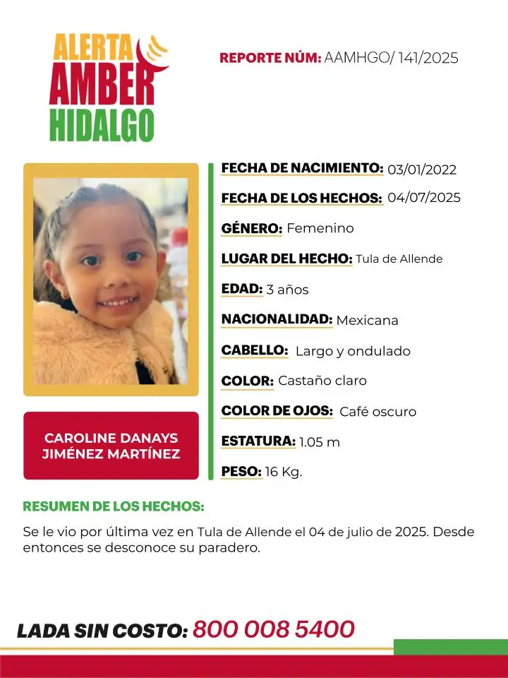 Alerta Amber: se pide ayuda para localizar a pequeña de 3 años desaparecida en Hidalgo 4 Alerta Amber: se pide ayuda para localizar a pequeña de 3 años desaparecida en Hidalgo