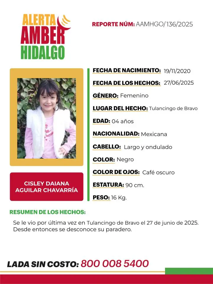 Activan Alerta Amber en Hidalgo por la desaparición de Cisley, pequeña de 4 años
