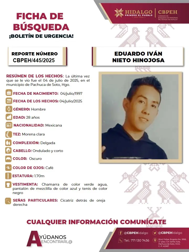 Piden ayuda para localizar a Eduardo Iván, reportado como desaparecido en Pachuca 4 Piden ayuda para localizar a Eduardo Iván, reportado como desaparecido en Pachuca