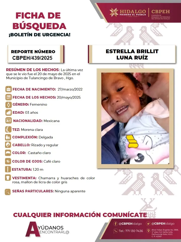 Solicitan ayuda para encontrar a Estrella Brillit, pequeña desaparecida en Tulancingo 4 Solicitan ayuda para encontrar a Estrella Brillit, pequeña desaparecida en Tulancingo