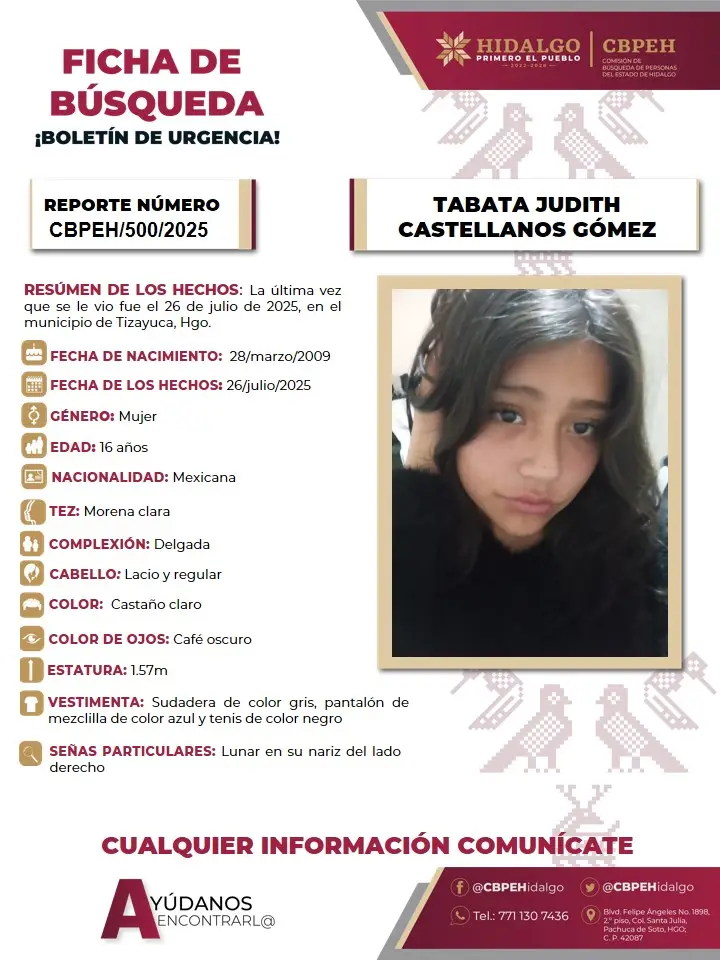 Piden ayuda para localizar a Tabata Judith, adolescente desaparecida en Tizayuca