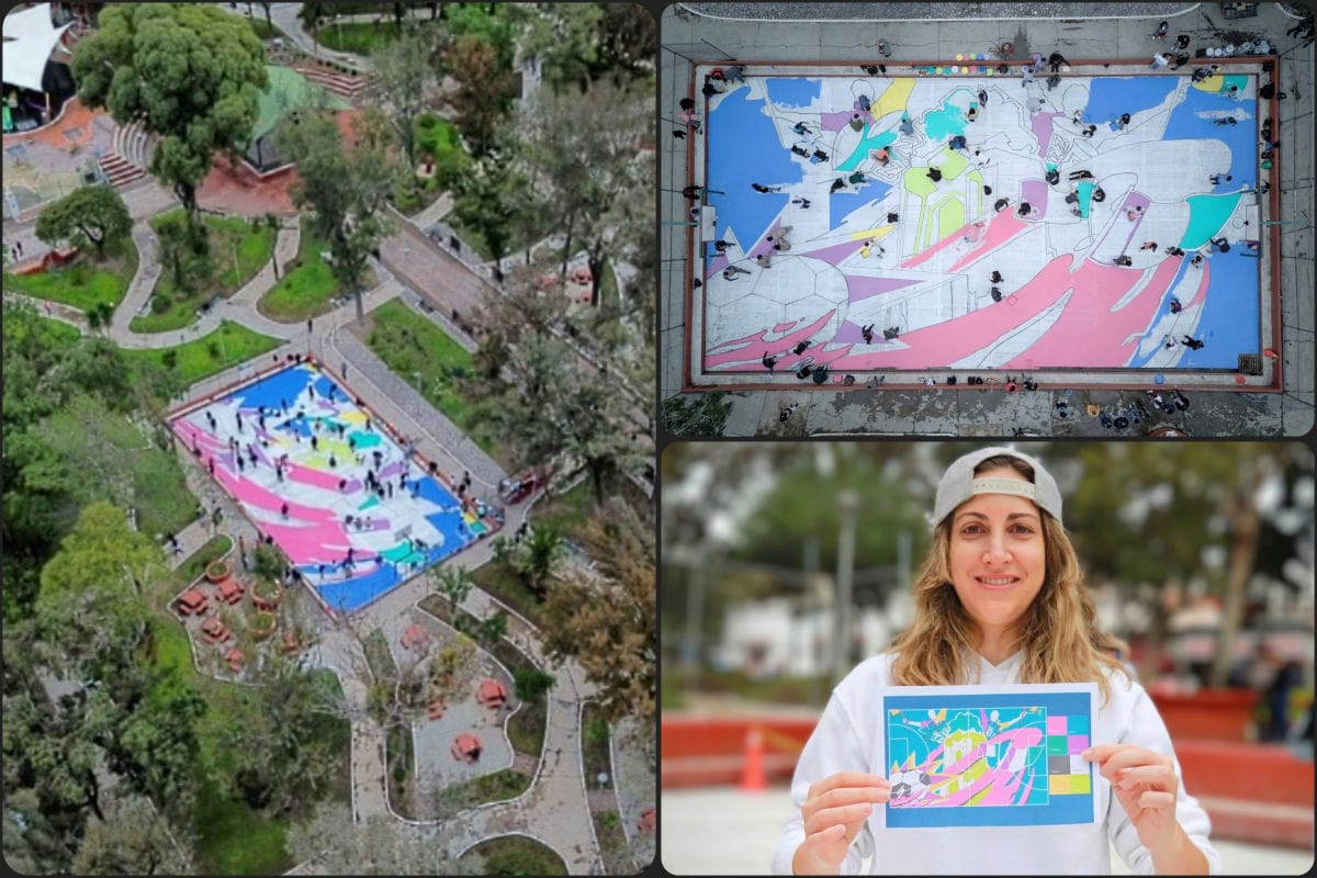 Con diseño artístico, llenan de color la cancha del parque Hidalgo