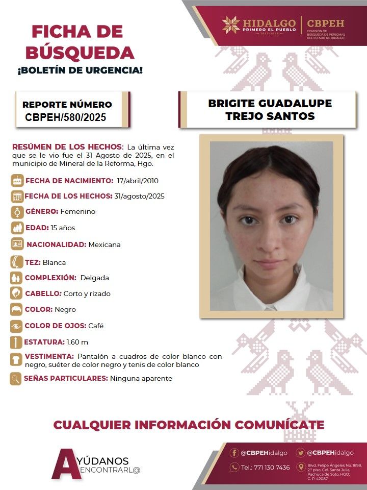 Piden apoyo para localizar a quinceañera desaparecida en Mineral de la Reforma