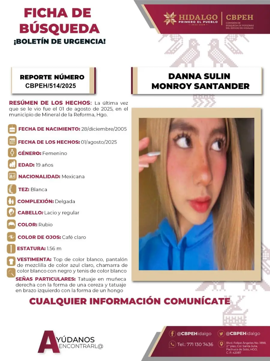 Piden ayuda para localizar a Danna, joven desaparecida en Mineral de la Reforma