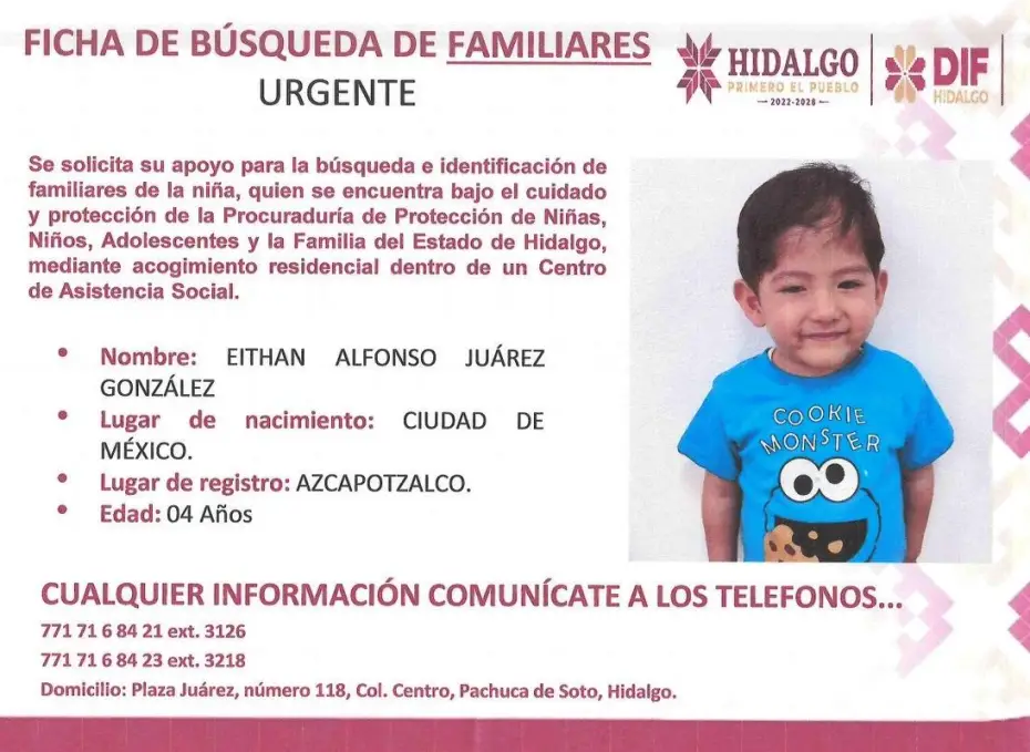 Buscan a familiares de menor que las autoridades tienen en resguardo en Hidalgo