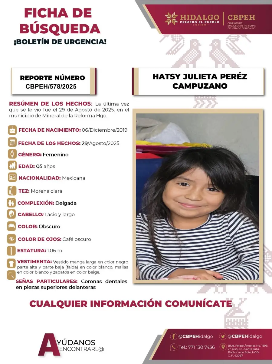 Activan búsqueda de Hatsy Julieta, pequeña desaparecida en Mineral de la Reforma