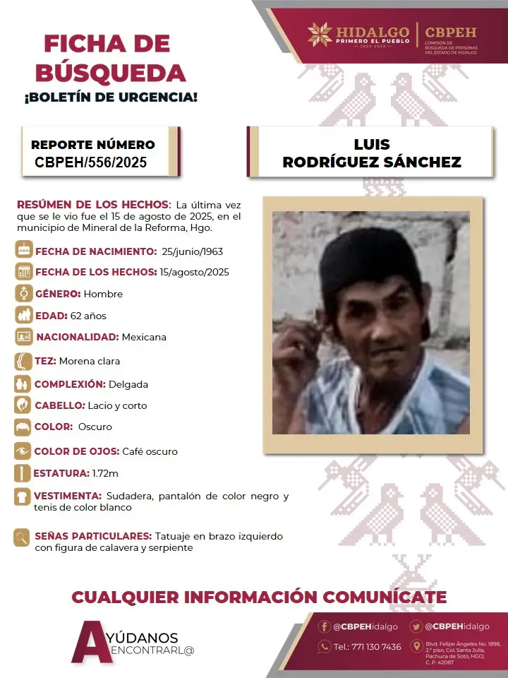 Piden ayuda para localizar a adulto mayor reportado como desaparecido en Mineral de la Reforma