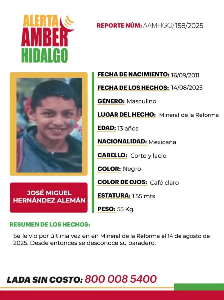 Activan Alerta Amber en favor de José Miguel, menor desaparecido en Mineral de la Reforma