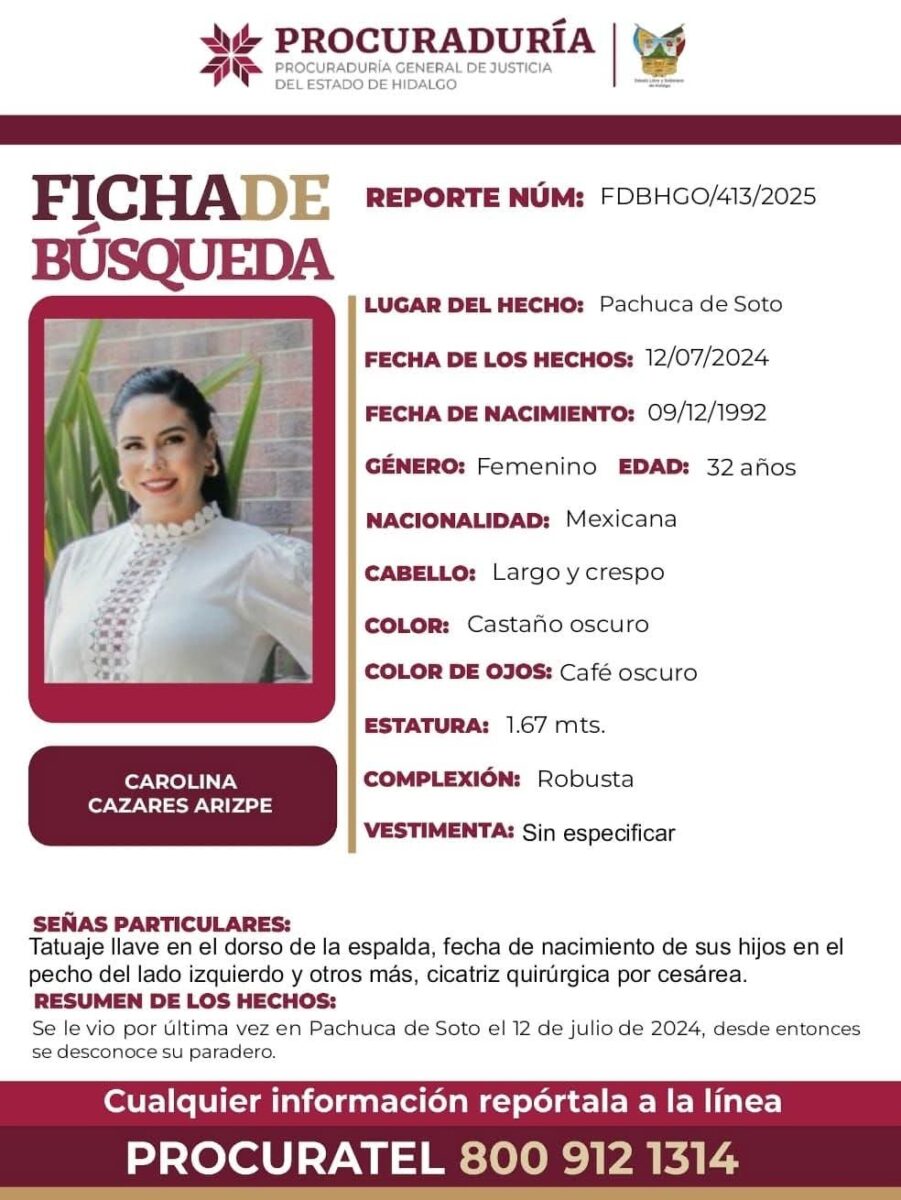 Se solicita apoyo para localizar a Carolina, vista por última vez en Pachuca