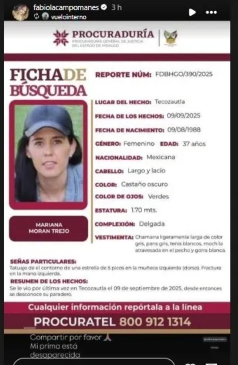 Fabiola Campomanes pide ayuda para localizar a su prima Mariana, desaparecida en Hidalgo