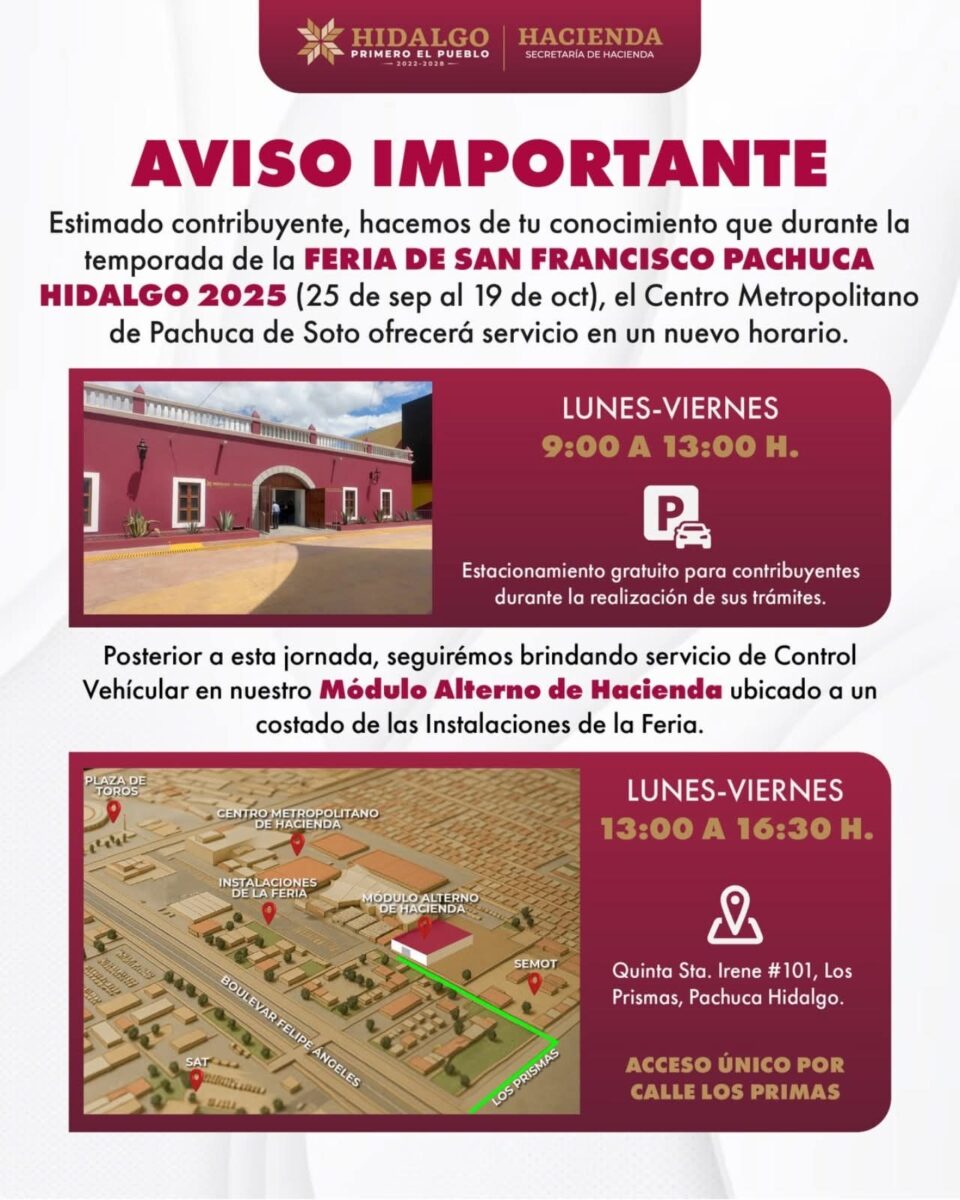 Hacienda tendrá módulo alterno de atención y trámites durante la Feria de Pachuca