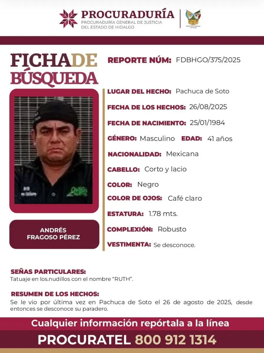 Activa PGJEH búsqueda de Andrés Fragoso, reportado como desaparecido en Pachuca