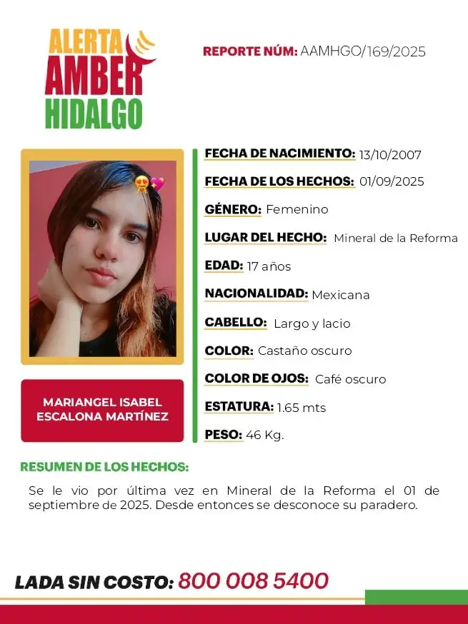 Alerta Amber: piden ayuda para localizar a Mariangel, reportada como desaparecida en Mineral de la Reforma