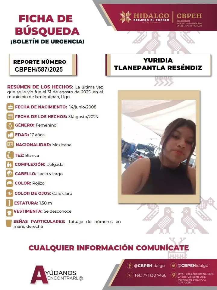 Se pide ayuda para localizar a Yuridia, joven reportada como desaparecida en Ixmiquilpan